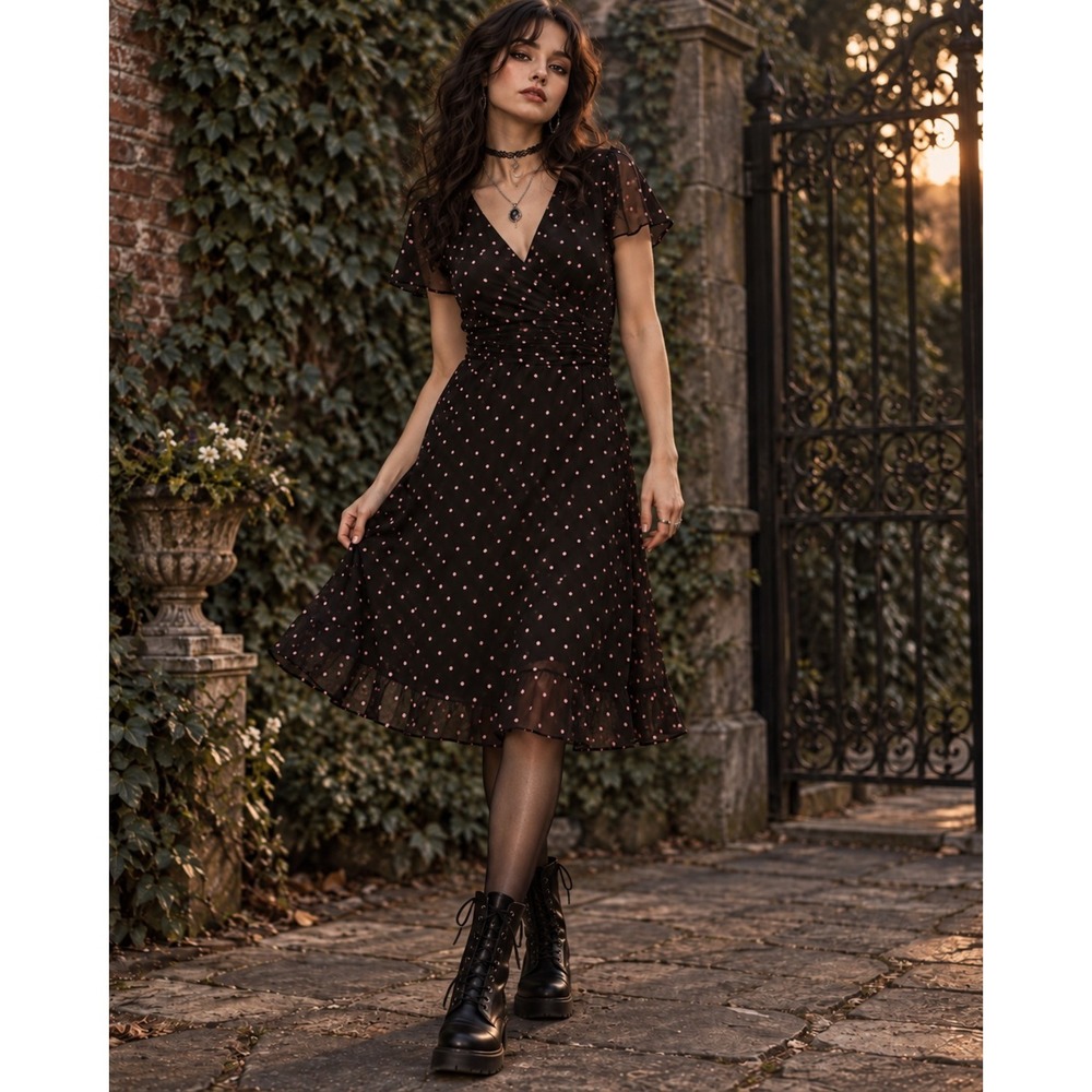 Vintage Evan-Picone Petite 12P Black Pink Polka Dot Rayon Midi Dress Flawed